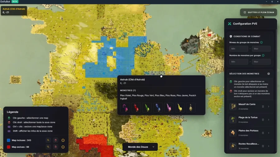 Le bot en action dans Dofus : récolte automatisée sur la carte